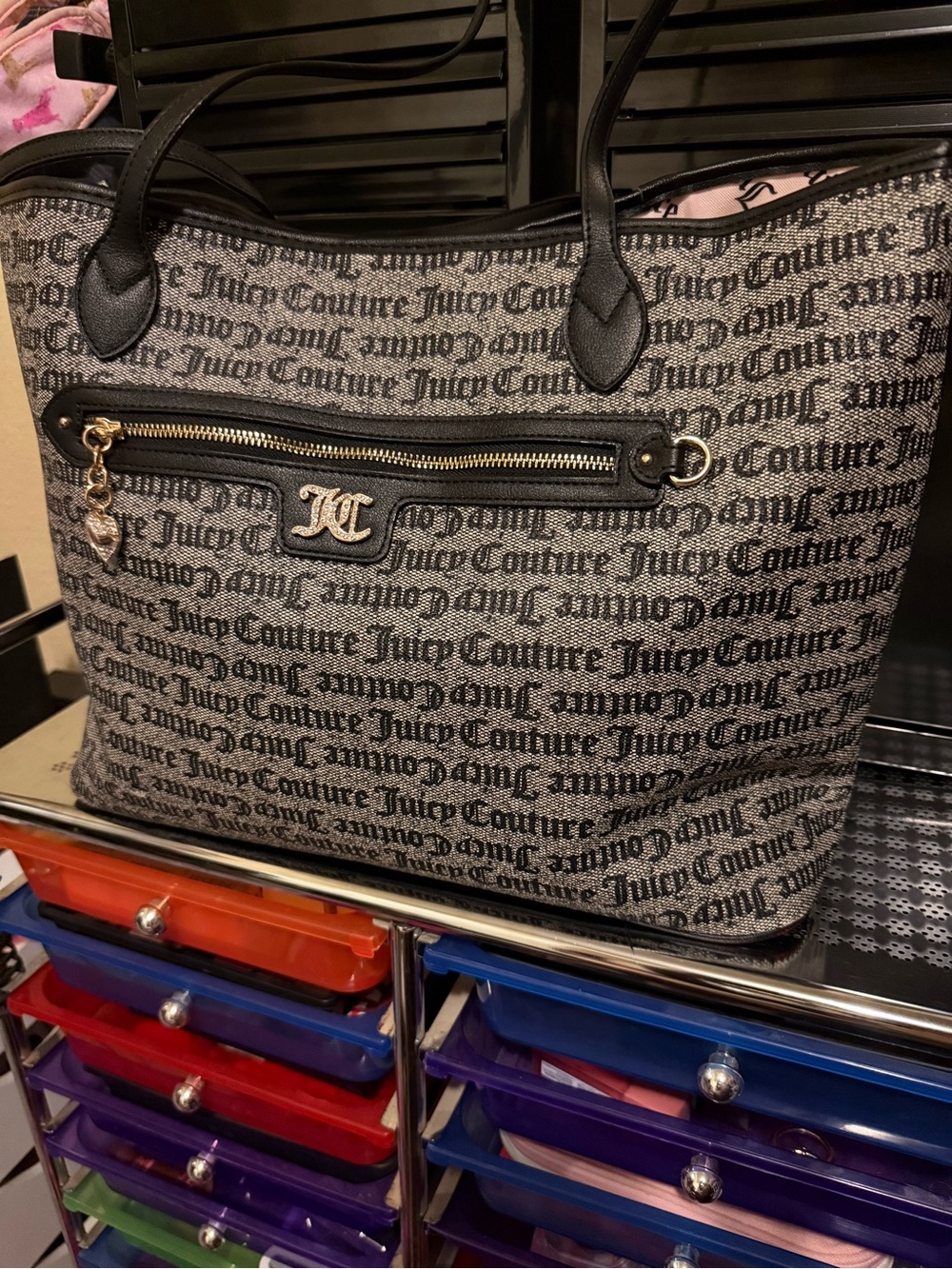 Juicy Couture Black and Gray Logo Tote with Gold Accents